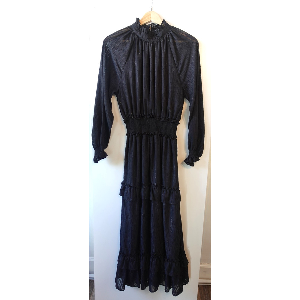 Vintage Tiered Black Maxi‎ Dress 8 Sheer Smocked Dark Romantic Ruffled Goth Gown